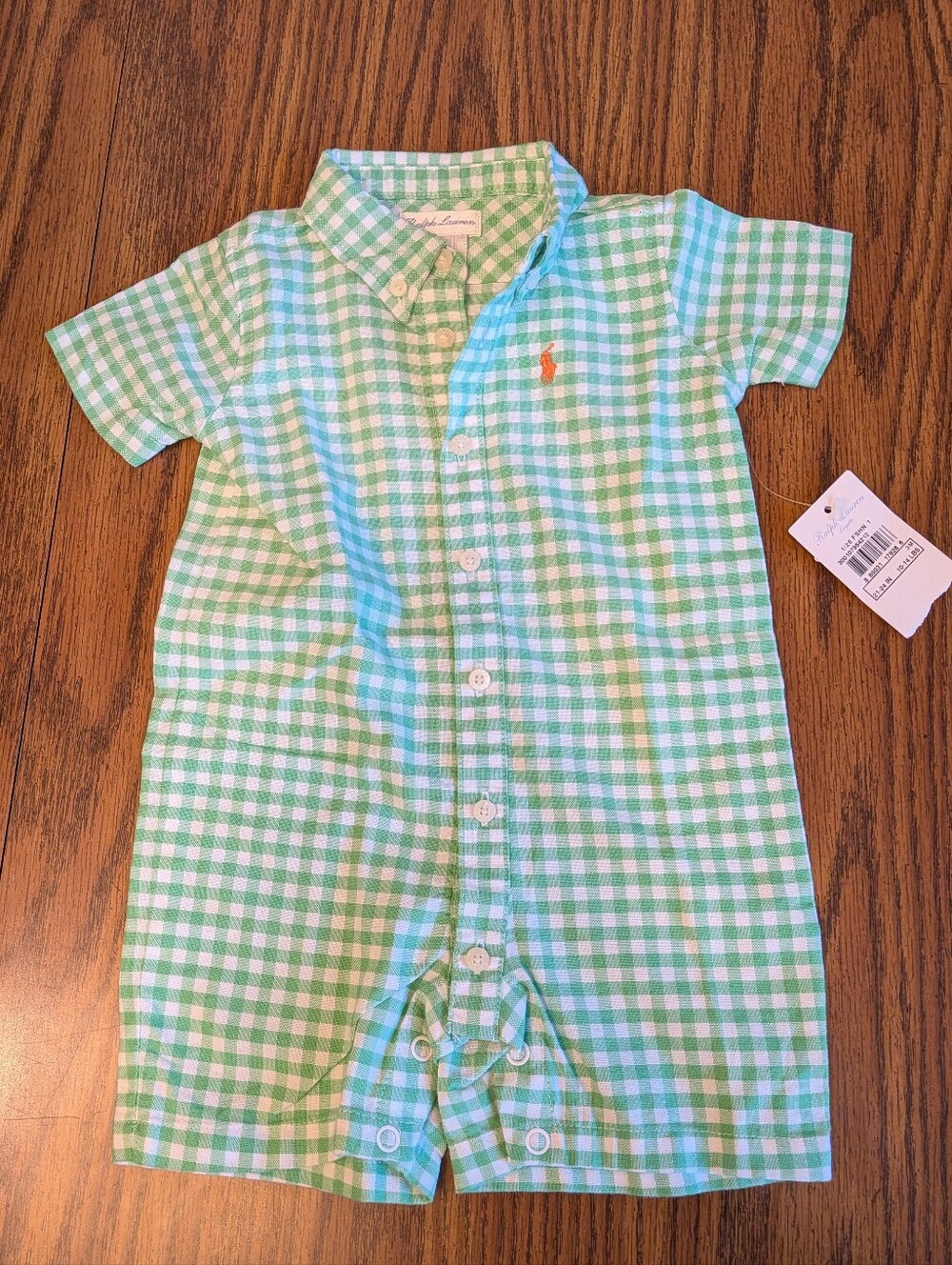 NWT Ralph Lauren White and Light Green Gingham Baby Romper Size 0-3 Months